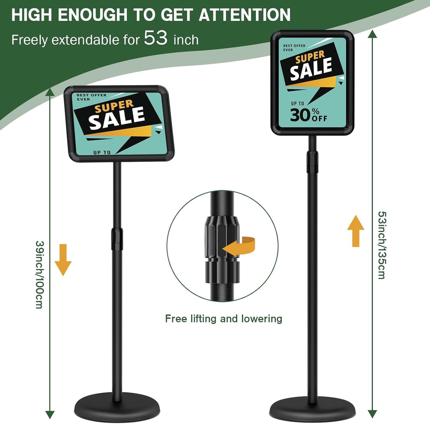 Sign Holder - 8.5x11 inch Sign Stand Holder Adjustable Display Stand Floor Standing Sign Holder, Signage Stand with Snap-Open Frame Display for Malls,Schools,Restaurants (Black)