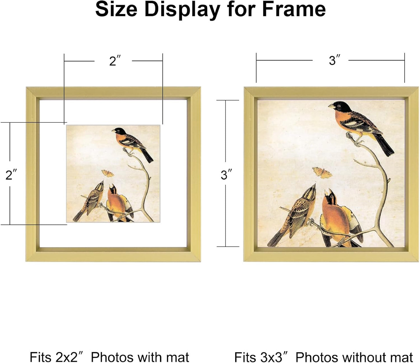 3x3 Picture Frame Set of 3, Brass Metal Square Photo Frames with HD Glass, Fits 2x2 with Mat or 3 x 3 without Mat, Display for Wall and Table