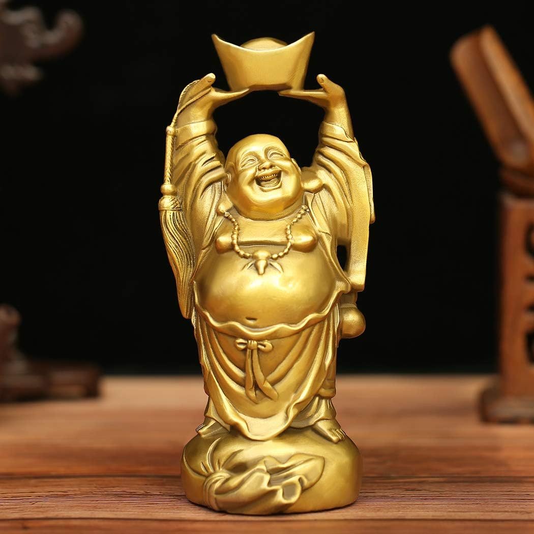 BRASSTAR Brass Laughing Buddha Holding Ingot Money Bag Statue Attract Wealth Feng Shui Ornament Home Office Decorative PTZY053