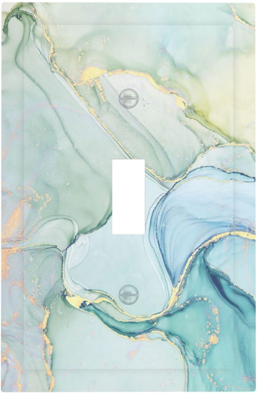 Decorative Light Switch Cover Teal Gold Marbling Turquoise 1 Gang Single Toggle Device Electrical Faceplate Switchplates Decorator Outlet Wall Plate for Bathroom living Room Decor