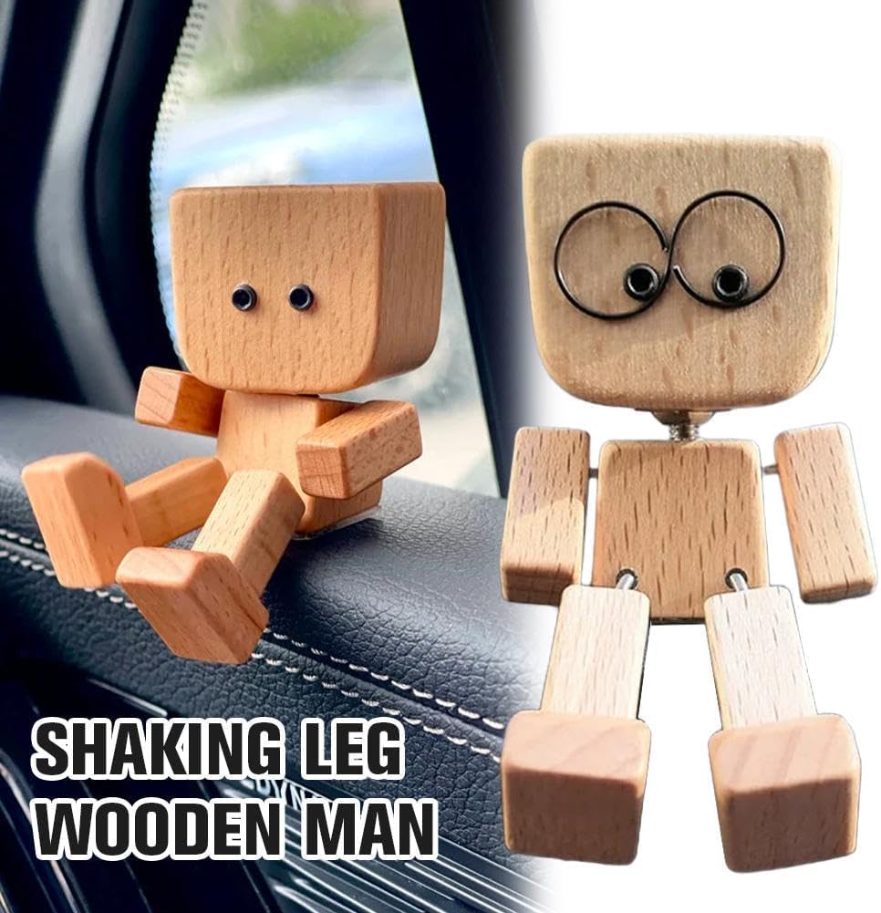 Shaking Wooden Man Doll with 12 Magnetic Changeable Faces - Handmade Shaking Wooden Man Figurine for Car Dashboard, Desk, Office Decor