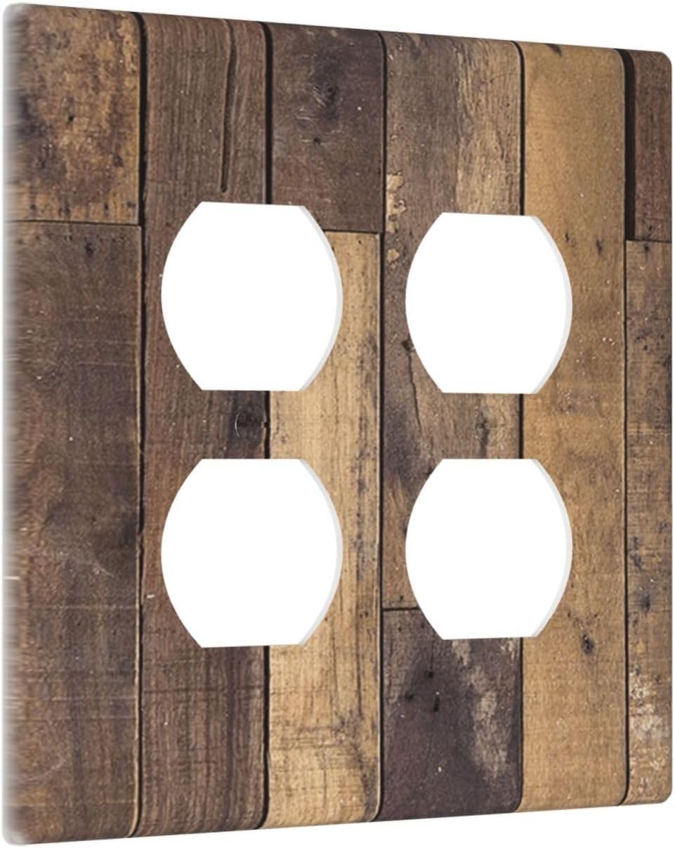 Cool Brown Wood Style Vintage Rustic Print Outlet Covers 2 Gang Double Duplex Decorative Light Switch Covers Electrical Wallplates Socket Faceplate for Farmhouse Home Decor