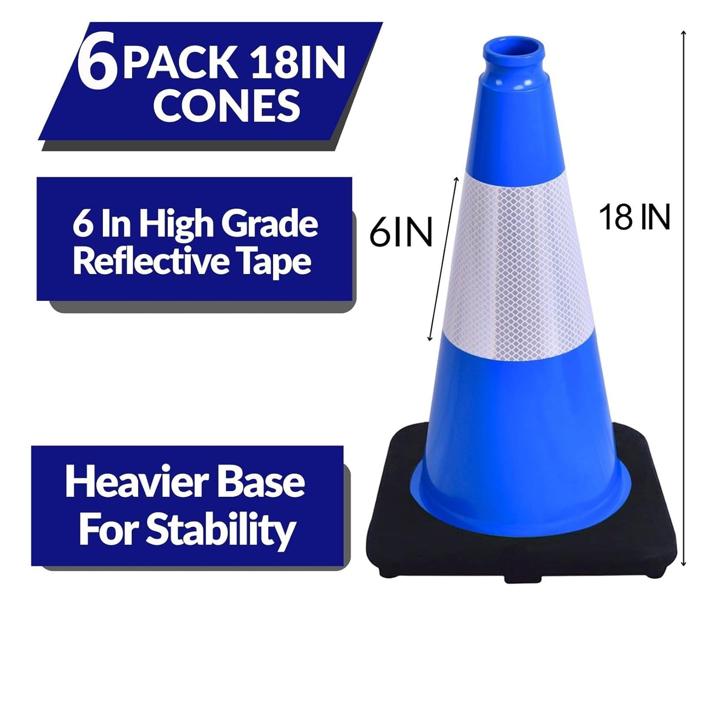 BESEA 6Pack 18 Inch Blue Traffic Cones with 6 Inch Reflective Collar, Heavy Duty PVC Safety Cones with 10.5 x 10.5 Inch Base for Parking, Driving Practice, Sports Training, and Construction