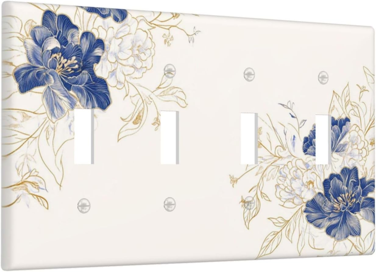 Decorative Light Switch Cover Plate Rustic Blue Flower Floral Gold Leaf 4 Gang Wall Plates for Electrical Outlets Quad Toggle Switch Plate Covers Outlet Covers Faceplate for Home Decor