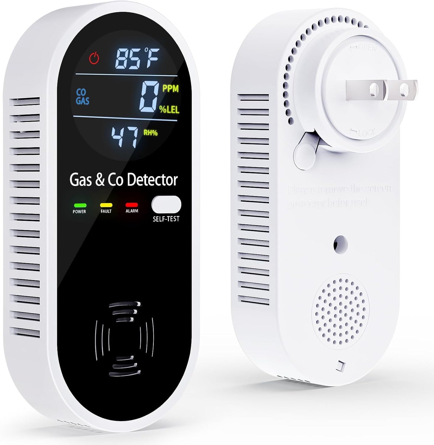Gas and Carbon Monoxide Detectors Plug in, 4-in-1 Portable CO & Natural Gas Leak Detector with Temperature & Humidity Display for Home, Hotel, RV & Travel