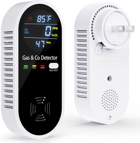 Gas and Carbon Monoxide Detectors Plug in, 4-in-1 Portable CO & Natural Gas Leak Detector with Temperature & Humidity Display for Home, Hotel, RV & Travel