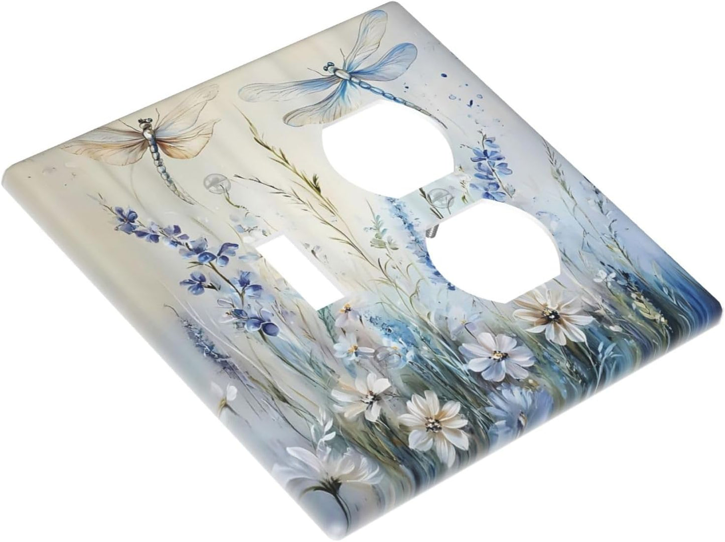 Decorative Outlet Covers Watercolor Dragonfly Blue Wihte Flower 2 Gang Light Switch Cover Plate Single Toggle Duplex Wall Plates for Electrical Outlets Switch Plate Covers for Bedroom Decor