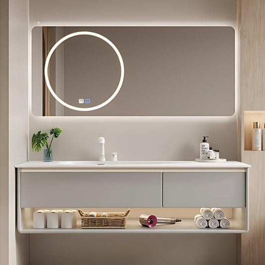 68IN Grey Bathroom Vanity Set - Floating Bathroom Vanity with Single Sink | Including LED Smart Defogging Mirror Cabinet & Time Display Function, Equipped with Motion Sensing Light Strip (Style B)