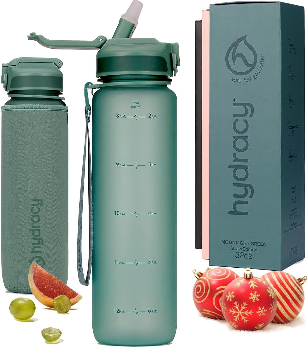 Hydracy Water Bottle with Time Marker -Large BPA Free Water Bottle & No Sweat Sleeve -Leak Proof Gym Bottle with Fruit Infuser Strainer & Times to Drink -Ideal for Fitness Sports & Outdoors
