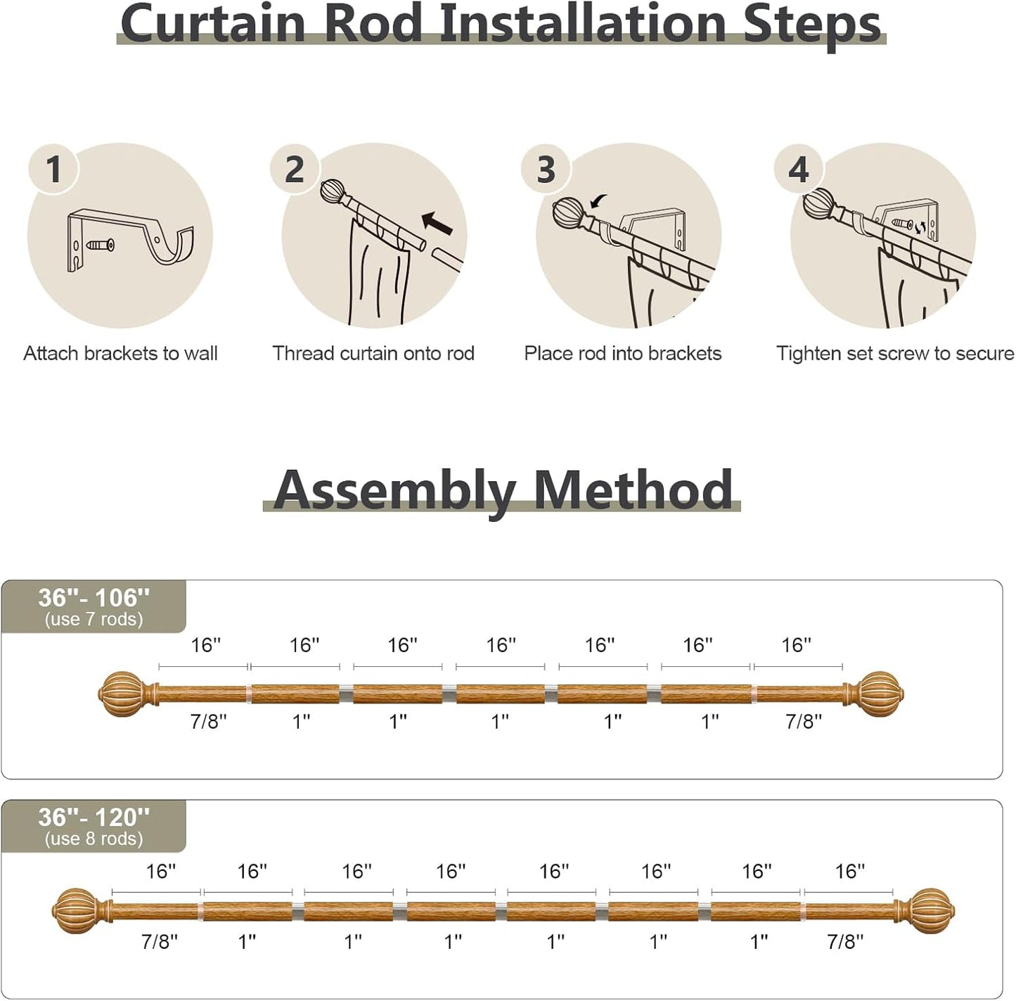 Wood Curtain Rods for Windows 66 to 120 Inch, 1'' Adjustable Heavy Duty Curtain Rod，Vintage Decorative Drapery Rods with Pumpkin Finials for Bedroom Living Room
