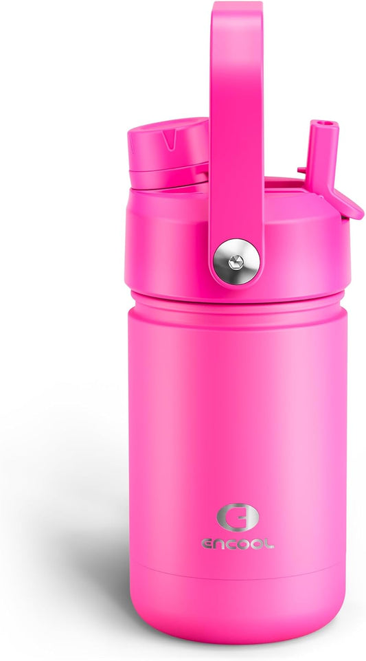 Kids Insualated Water Bottle with Straw - 12oz Stainless Steel Water Bottle with Dual Spouts, Leak-Proof, BPA-Free, Double Wall Vacuum Keeps Cold for 24 Hours for Sports, Travel, School (Persian Rose)
