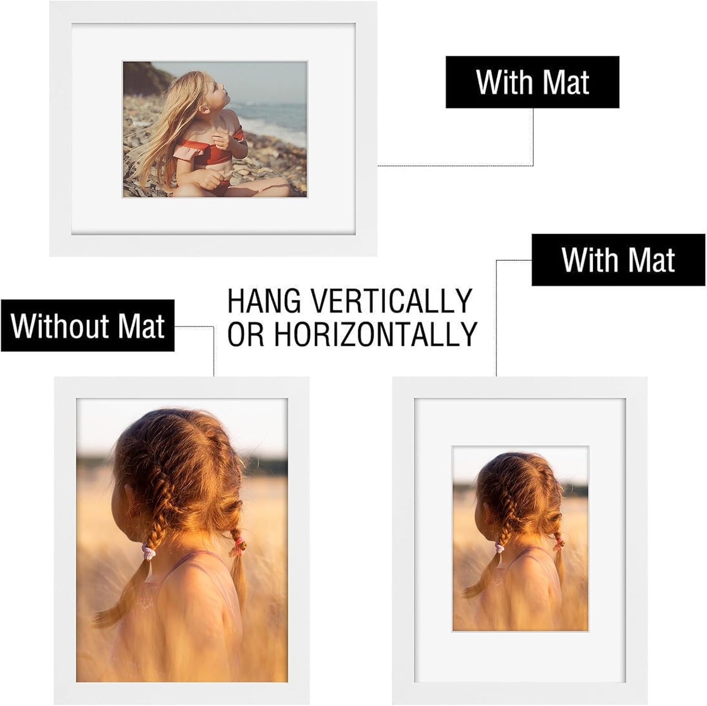 Golden State Art, 9x12 Picture Frame with Mat for 6x8 - High Definition Glass Wall Mounting Horizontal Vertical Display (White, 2 Pack)