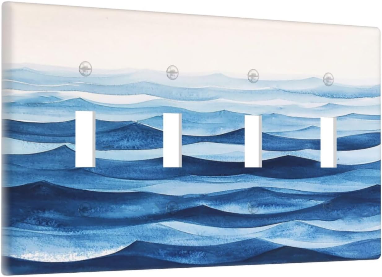 Light Switch Cover Plate Blue Watercolor Textured Abstract Ocean Wave 4 Gang Quad Toggle Wall Plate Electrical Outlet Cover Decorative Switch Plate Covers for Bedroom living Room Decor