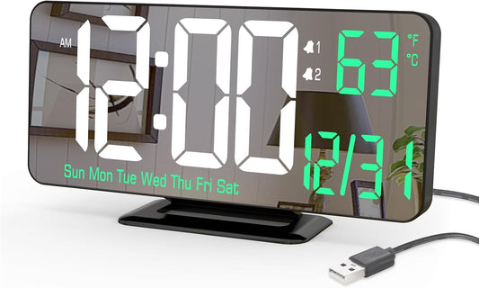 KOSUMOSU Desk Clock 6.7in Black Digital Alarm Clock with Dual Alarm, Dimming, Date, Day of Week, Temp, 12h 24h, Digital LED Clock for Table Decor, Digital Calendar Mirror Clocks Essentials