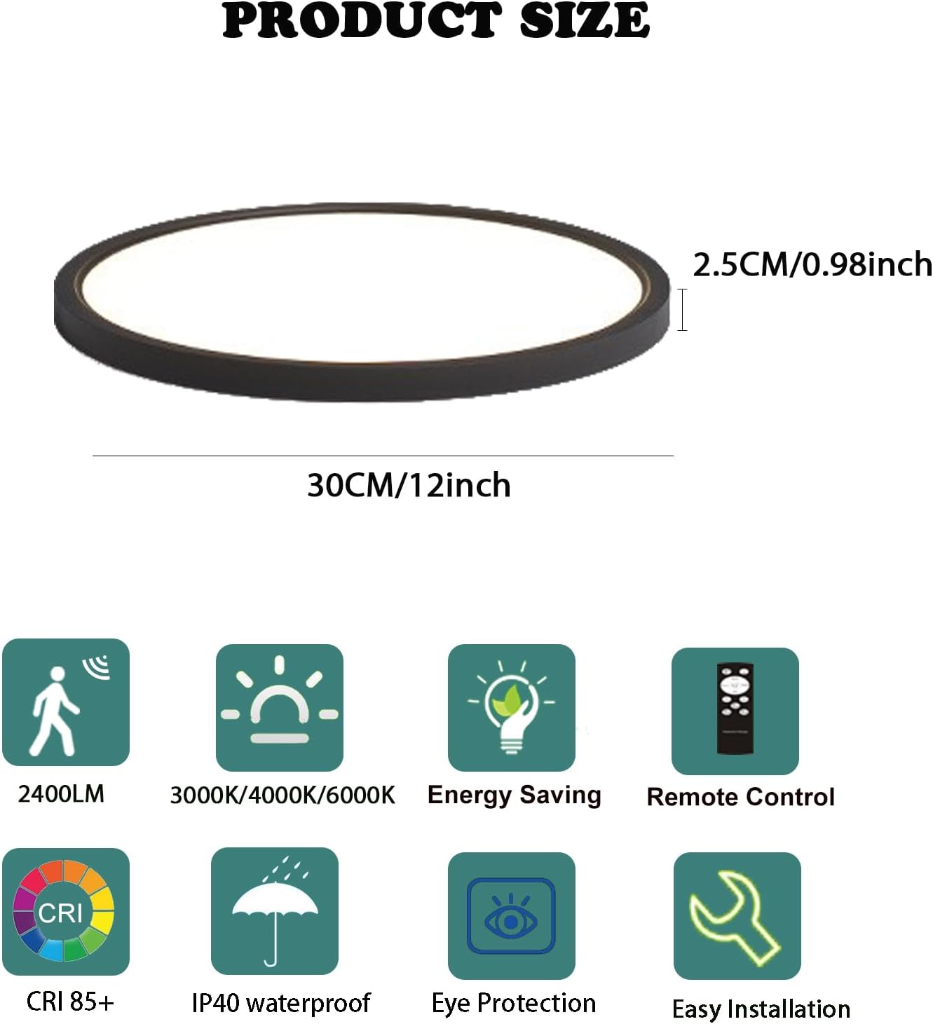 12 Inch Motion Sensor Ceiling Light Indoor Wired, Motion Activated Flush Mount Light Fixture, Motion Sensor Light Indoor for Closet Hallway Porch Laundry Garage Basement, 3000k/4000k/6000k Black