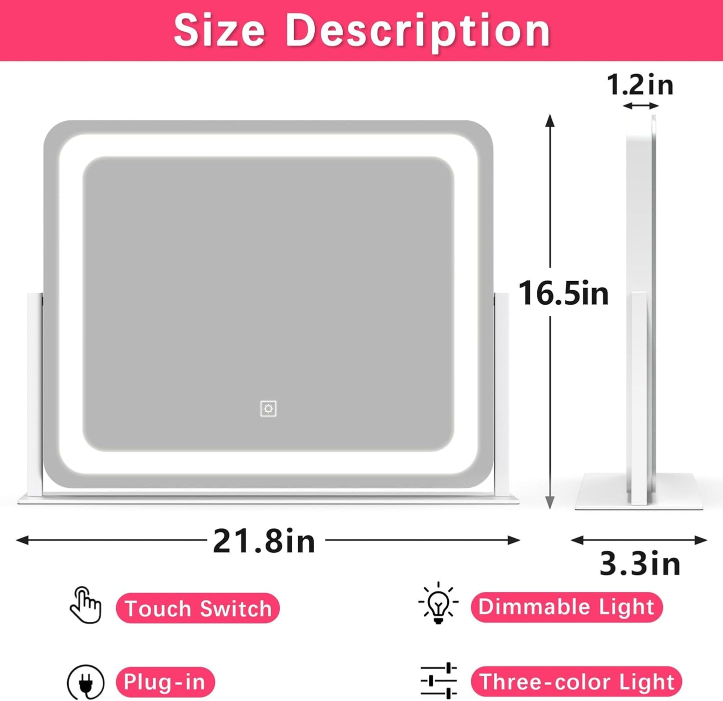 ROLOVE 22x17 Inch Lighted Vanity Mirror with Dimmable LED Lights - 3 Color Modes, Smart Touch Control & 360° Rotating Base - Desk Makeup Mirror (White)