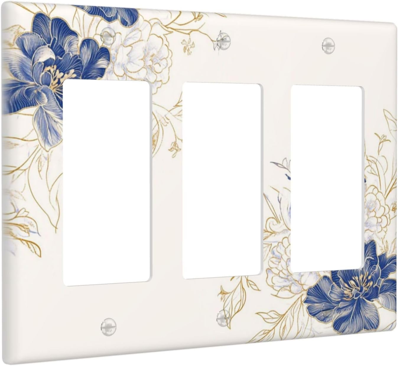 Decorative Outlet Covers Rustic Blue Flower Flaral Gold Leaf 3 Gang Light Switch Cover Plate Triple Rocker Wall Plates for Electrical Outlets Switch Plate Covers for Bedroom Home Decor