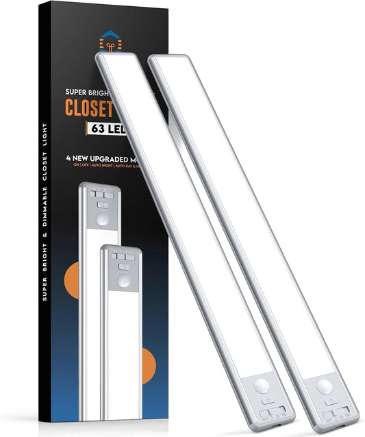 63 LED Closet Lights Motion Sensored, 2500mAh Rechargeable Under Cabinet Lighting, Dimmable & Magnetic Light Bar for Kitchen Cabinets, Hallways (2 Pack)
