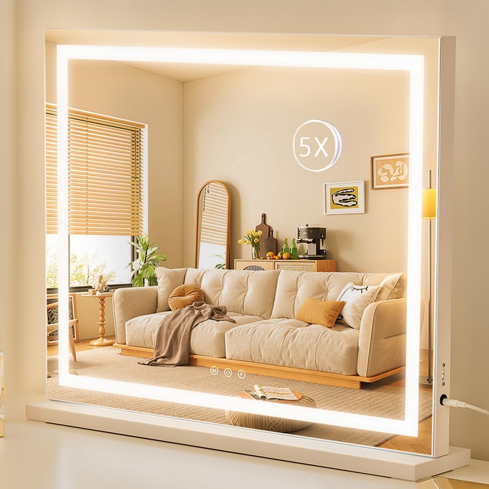 HIEEY Lighted Makeup Mirror, Hollywood Vanity Mirror with Lights, Three Color Lighting Modes, with 5X Magnification Mirror, Smart Touch Control, 360°Rotation (22.8in,White)