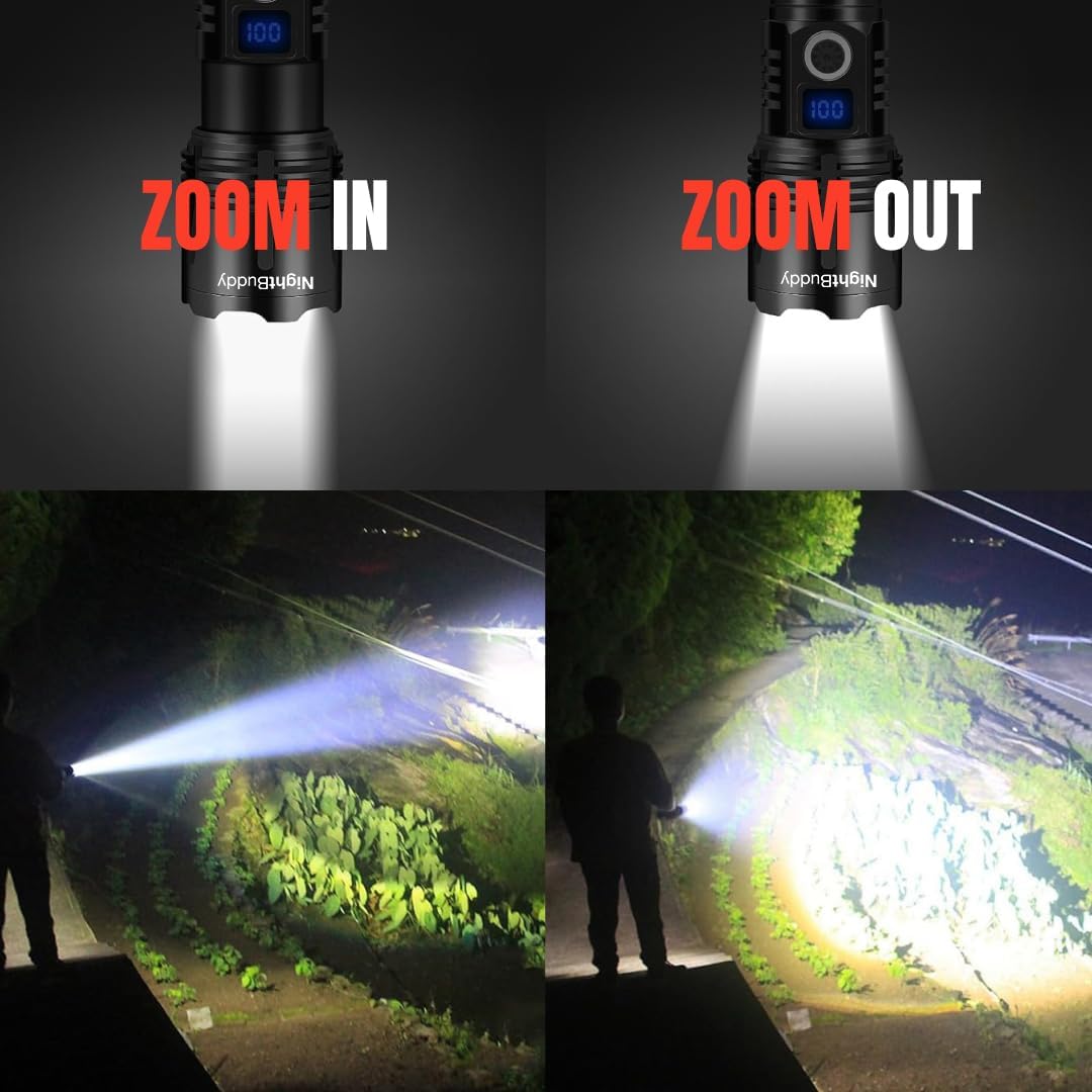 NightBuddy Powerful Rechargeable Tactical LED Flashlight 5000 High Lumens for Home Camping or Survival with Emergency Window Breaker 5 Light Modes IPX7 Waterproof Adjustable Focus USB Output