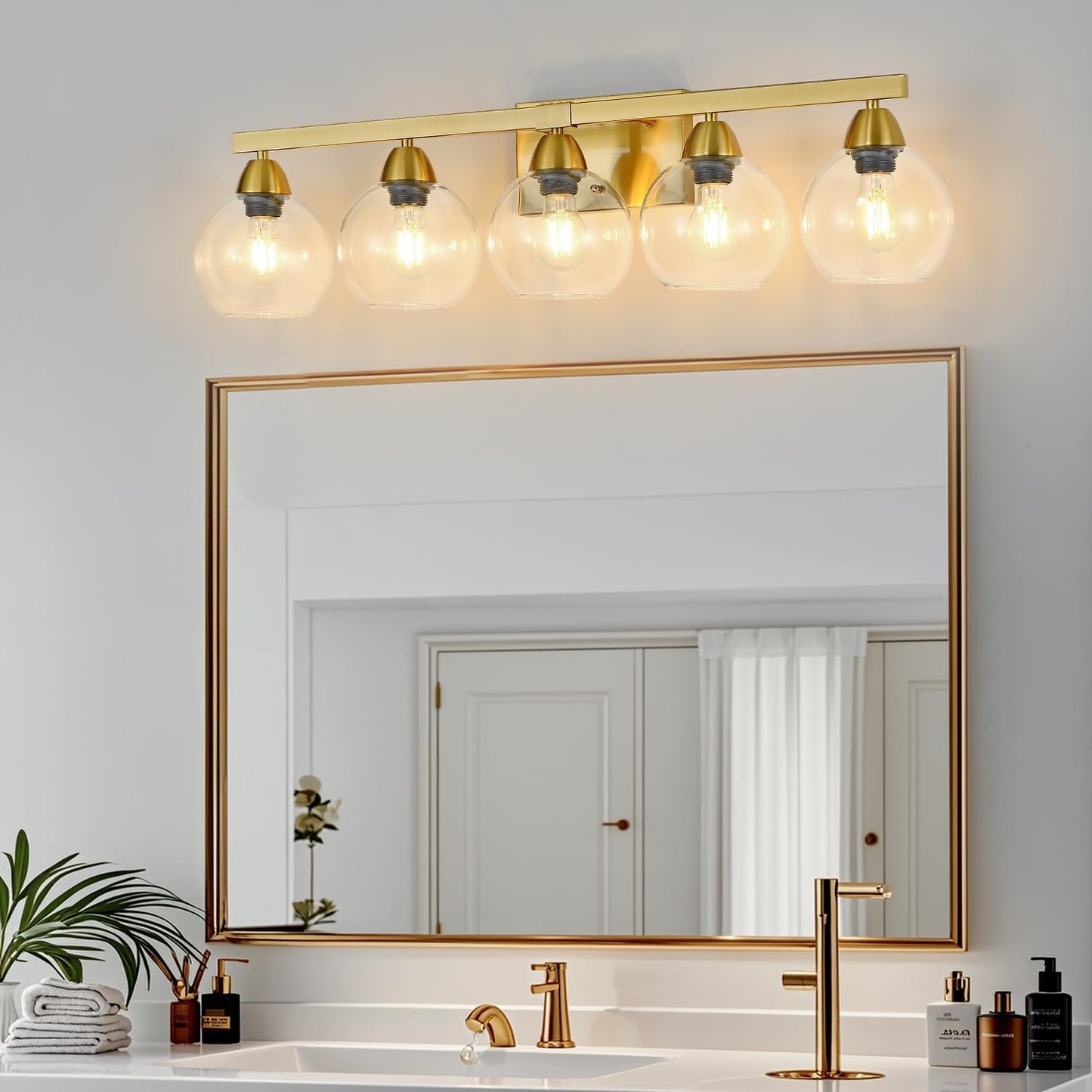 5-Light Bathroom Light Fixtures, Gold Vanity Light with Ultra-Clear Hand-Blown Glass, Durable & Scratch-Resistant, Wall Lamp for Mirror, Bedroom, Hallway