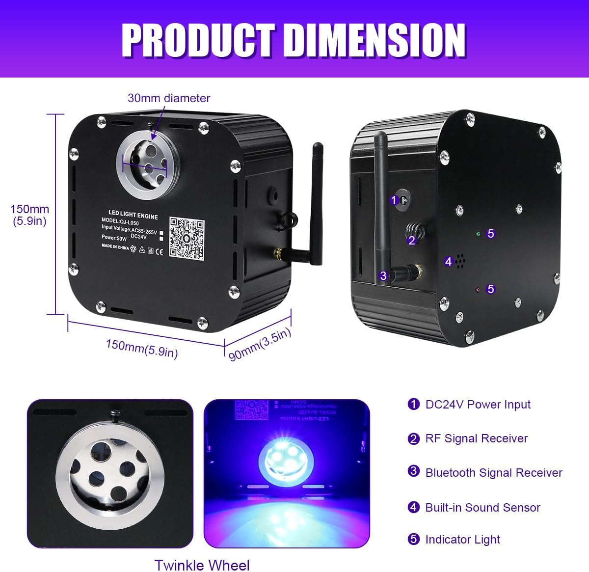 AZIMOM High Brightness 50W Twinkle Fiber Optic Light Source RGBW Light Box Engine Diver Bluetooth/RF Remote Control Music Sensor Mode for Car Home Star Ceiling Light Effect Decoration