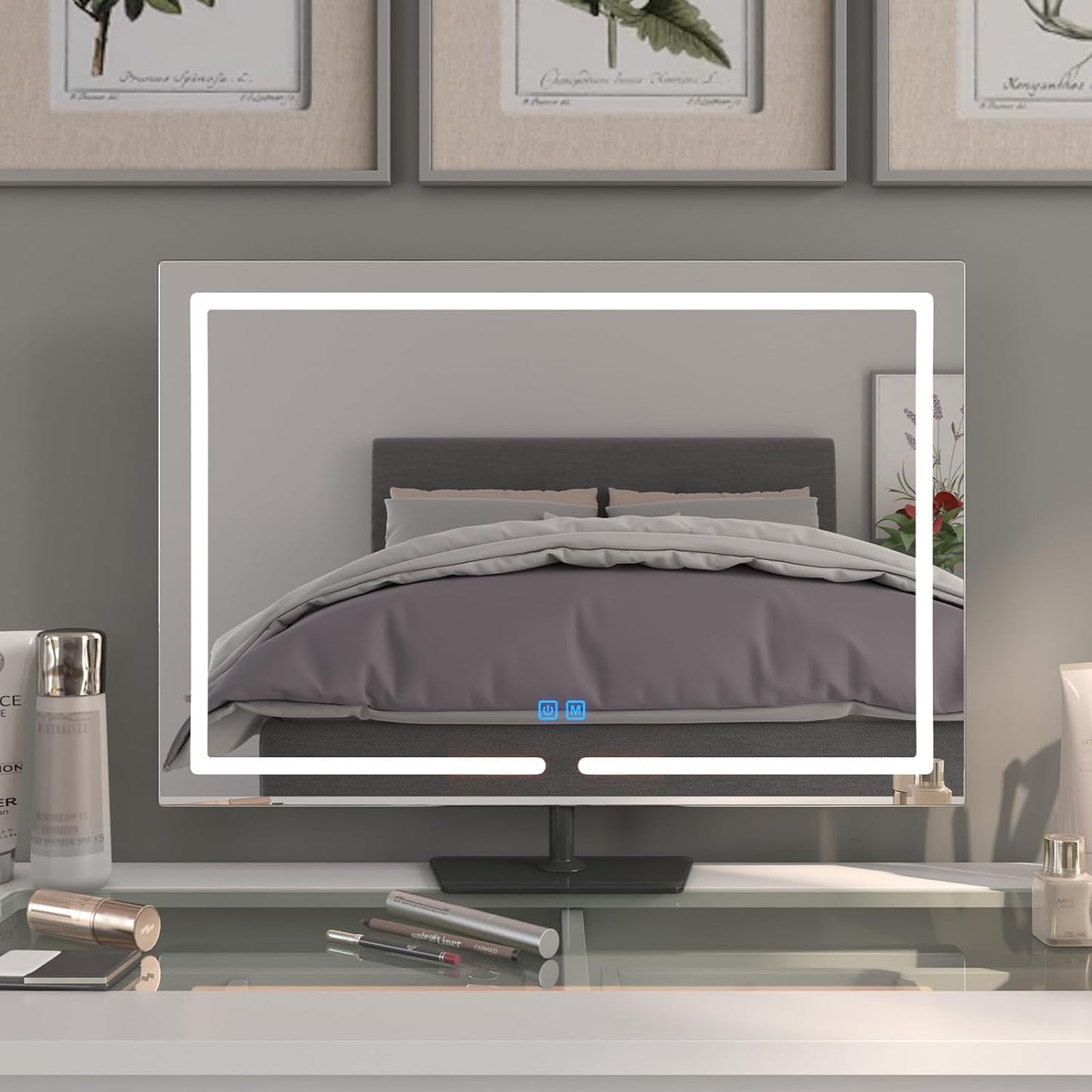 Vanity Mirror with Lights, 23.27 x 17.7 Inch LED Makeup Mirror, Lighted Makeup Mirror with Dimmable 3 Modes, Smart Touch Control, Aluminum Frame and Tempered Glass Base, Dark Gray