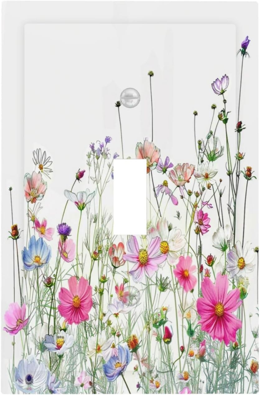 Decorative Light Switch Cover Boho Colorful Flowering Plant Wild Flower 1 Gang Single Toggle Device Electrical Faceplate Switchplates Decorator Outlet Wall Plate For Bed Room Living Room