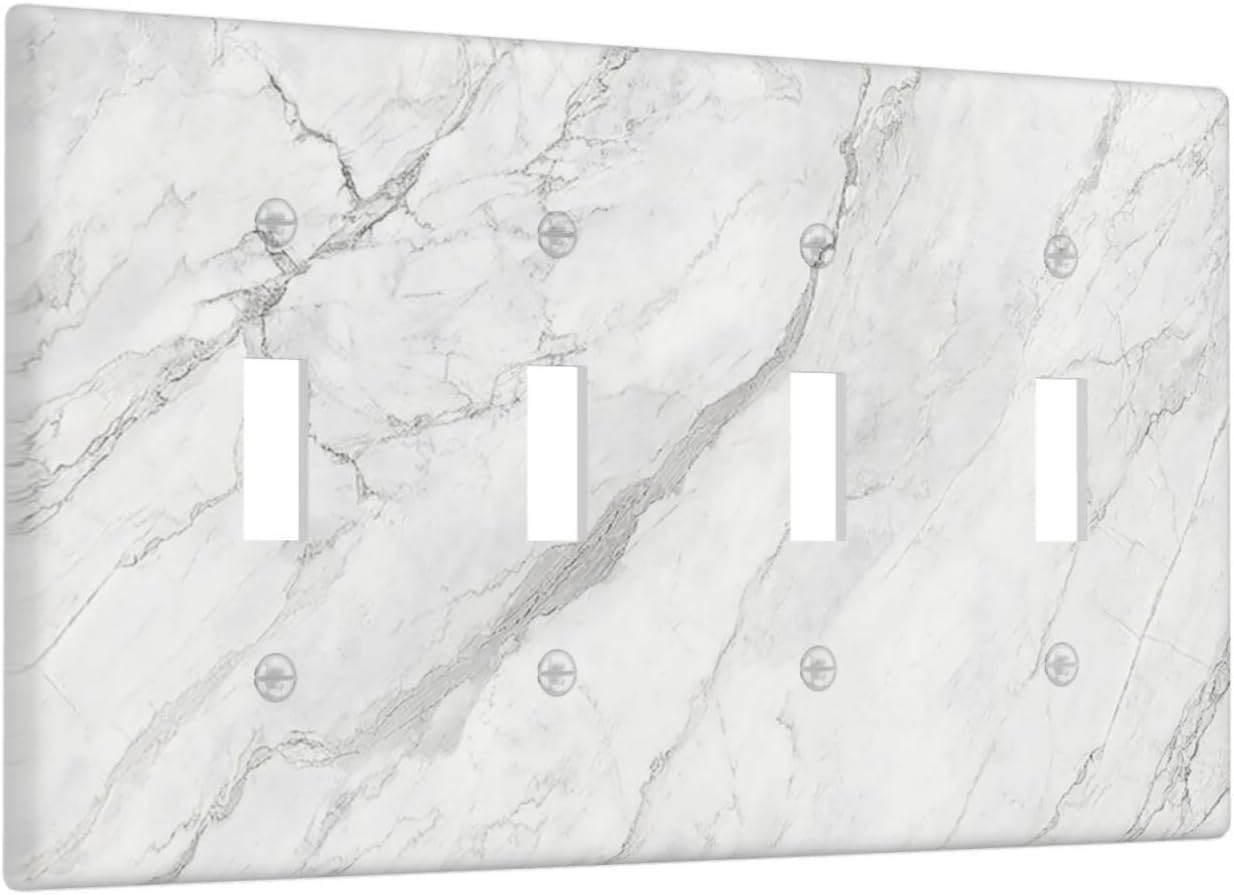 Light Switch Covers Marble Granite White And Grey Quad Toggle 4 Gang Wall Plate Electrical Faceplate Decorative Switch Plates for Home Bedroom Decor