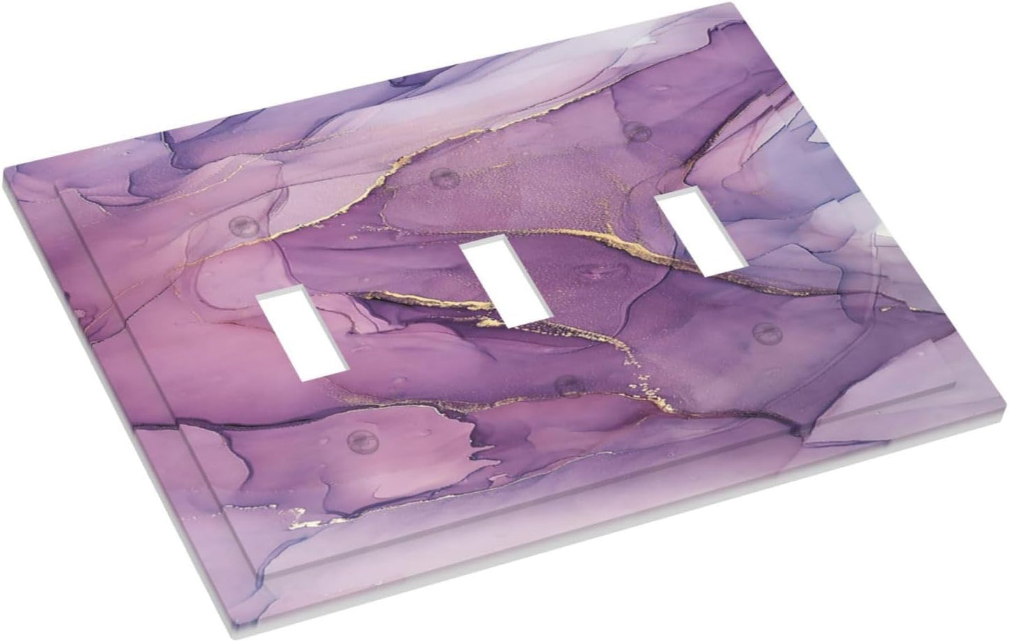 Decorative Switch Plates Purple Marbling Golden Line 3 Gang Wall Plate Triple Toggle Light Switch Cover Faceplate Electrical Wall Panels for living Room Bathroom Decor