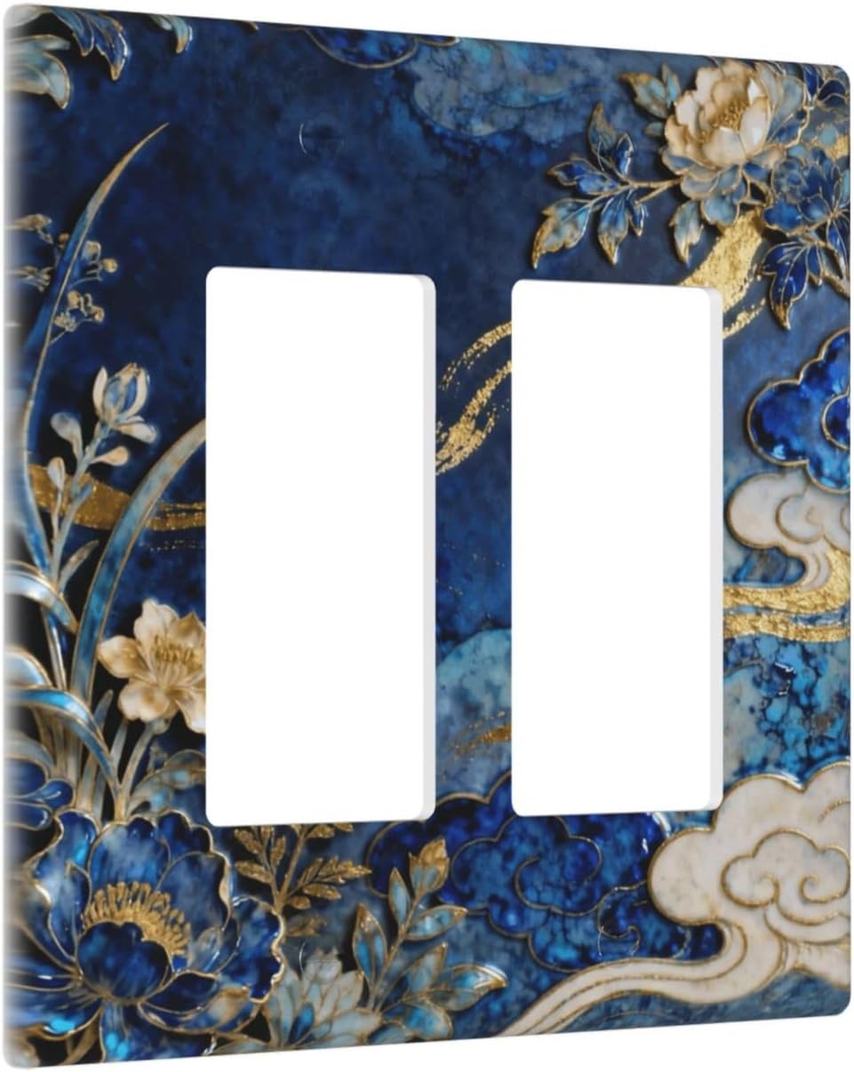 Decorative Outlet Covers Blue White Flower Gold Line Cloud 2 Gang Light Switch Cover Plate Double Rocker Wall Plates for Electrical Outlets Switch Plate Covers for Bedroom Home Decor