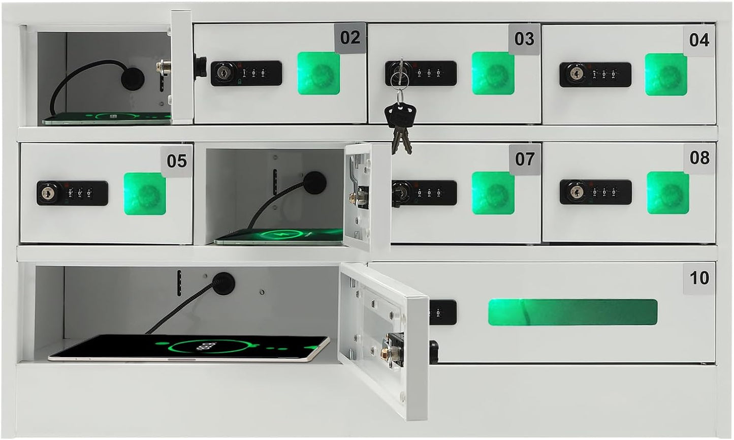 Cellphone Charging Station with Combination Lock, 10 Slots Cellphone Locker Mobile Device Phones Storage Pocket with 3-in-1 Charging Ports for Office Classroom Hotel (10 Slots)