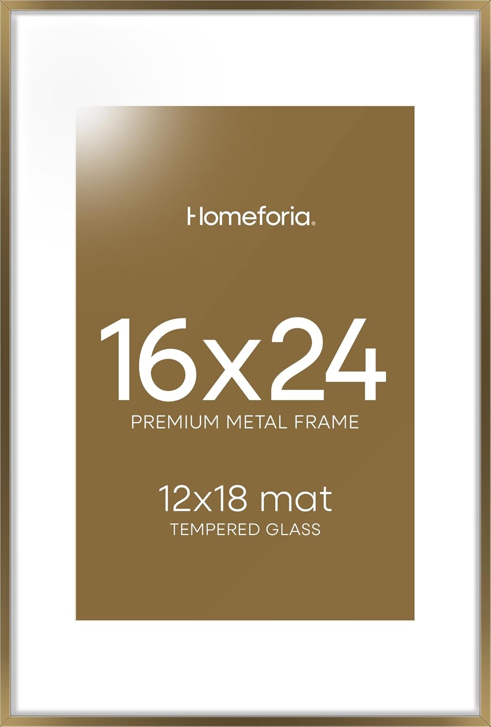 Homeforia 16 x 24 Bronze Frame, High End Metal 16x24 Brass Picture Frames with Mat 12x18 Photo, 16 x 24 Poster Frames Matted to 12 by 18 Print, 24x16 Hanging Frames, Tempered Glass, Wall Kit, Set of 1