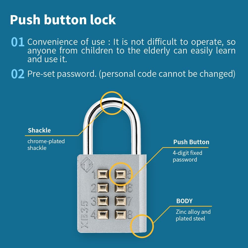 XB35 8-Digit Push Button Combination Padlock, 4 Digit Locking Mechanism, (2-Pack, Blue, Yellow)