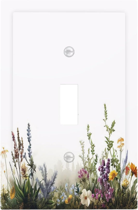 Decorative Light Switch Cover Plate White Background Colorful Flowers Plants Green Leaves 1 Gang Single Toggle Wall Plate Electrical Outlet Covers Decorate Switch Plate Cover for Bedroom Home Decor