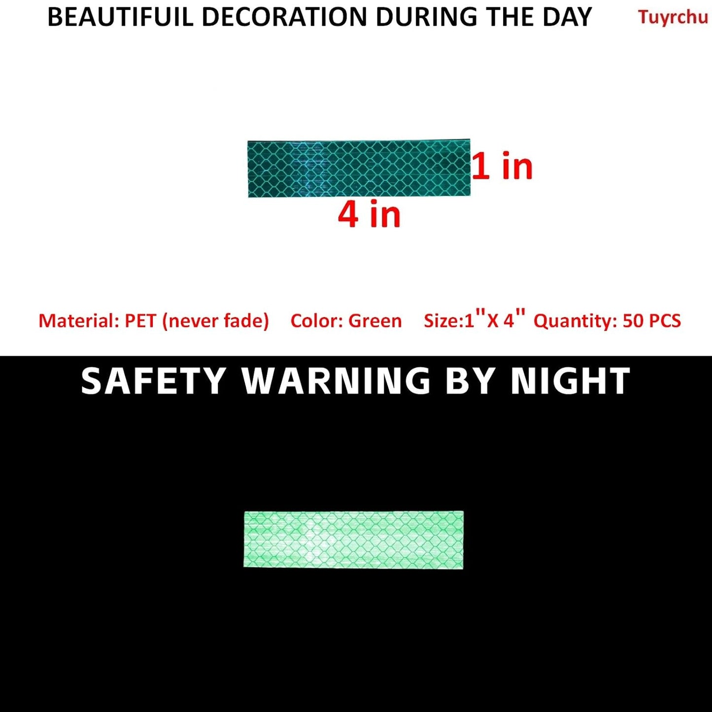 Non Fading Green Reflective Stickers 1 inch X 4 inch, Outdoor Waterproof High Visibility Warning Safety Adhesive Reflector Tape (50 Pcs)
