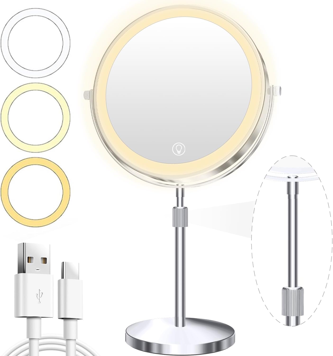 Unimiro 9inch Makeup Mirror with Lights, 1x/20x 5000mAh Makeup Mirrors with Light and Magnification, 360° Rotate Makeup Mirror with Lights and Magnification, 3 Color, 80 LEDs, Stepless Dimmable