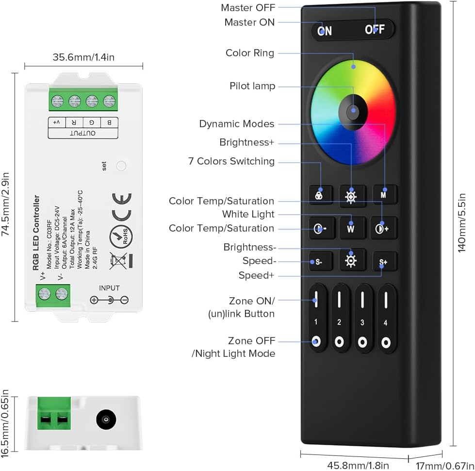 BTF-LIGHTING 5050SMD FCOB COB RGB RF Remote RC03RFB &2PCS C03RF Tuya Controller Kit 4 Zones RF 2.4GHz Wireless Remote Group Control PWM RGB (+ R G B) 4pin LED Strip DC5V DC12V DC24V