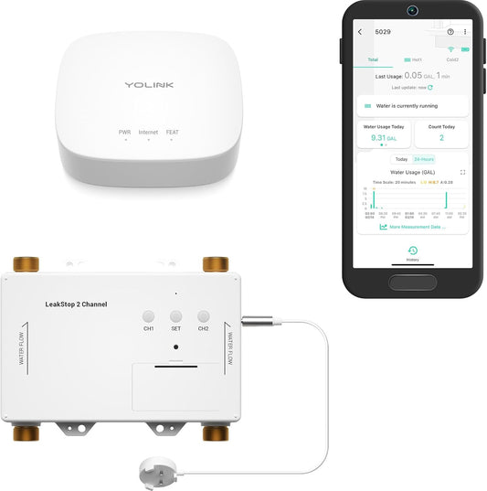 YoLink LeakStop 2-Channel for Sinks/Washing Machine, Dual Auto Shutoff Valves & Leak Detection, Real-Time Monitoring, LoRa Long-Range, 2 AA Up to 5-Year Battery – Hub Included