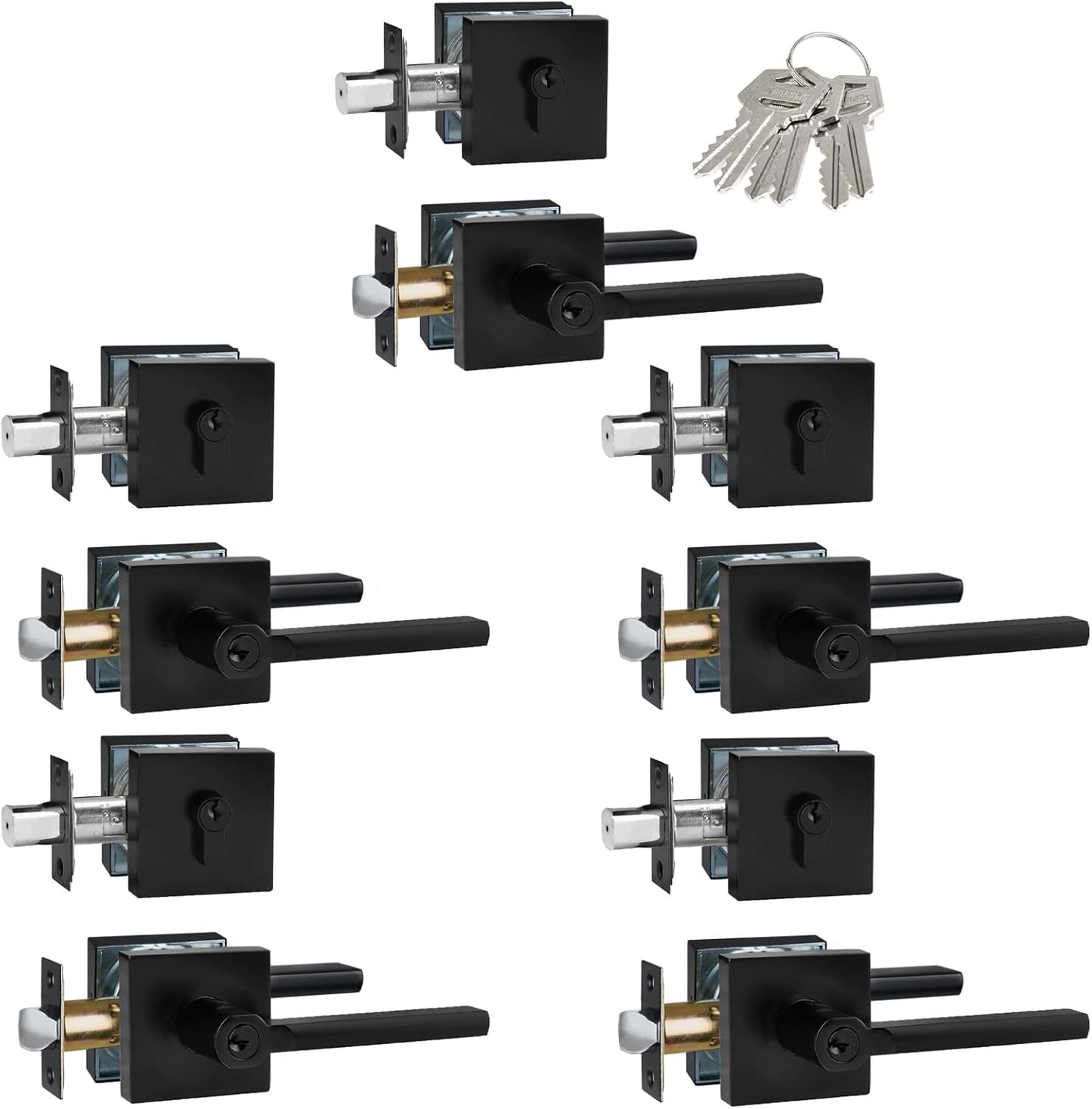 Keyed Alike(All Same Keys) Keyed Entry Door Lever with Single Cylinder Deadbolt Combo, Front Door/Exterior Door Handleset, Matte Black, 5 Set