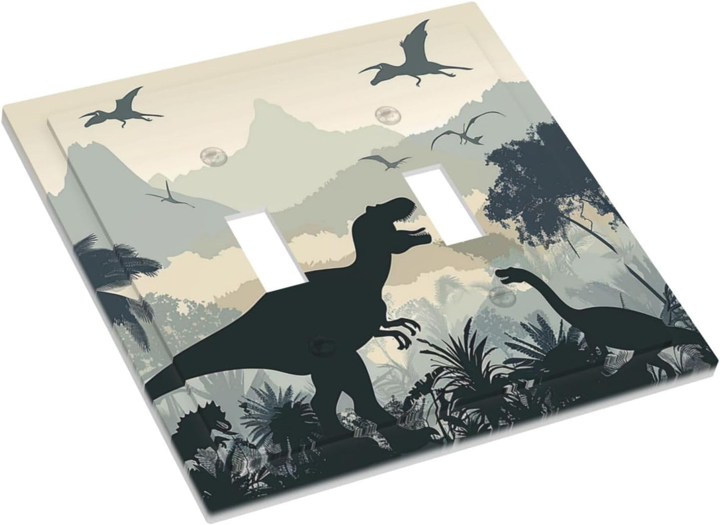 Decorative Switch Plates Prehistoric World Dinosaur Cartoon Fores 2 Gang Double Toggle Outlet Light Switch Cover Wall Plate Electrical Faceplate for Kids Room Nursery Decor