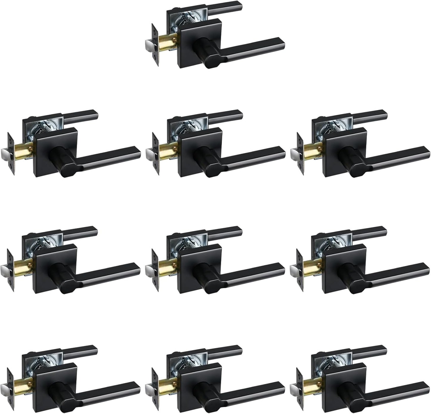 Passage Door Lever (No Lock), Heavy Duty Interior Square Handle for Hallway and Closet, Matte Black, Reversible for Right&Left Handed, 10Packs