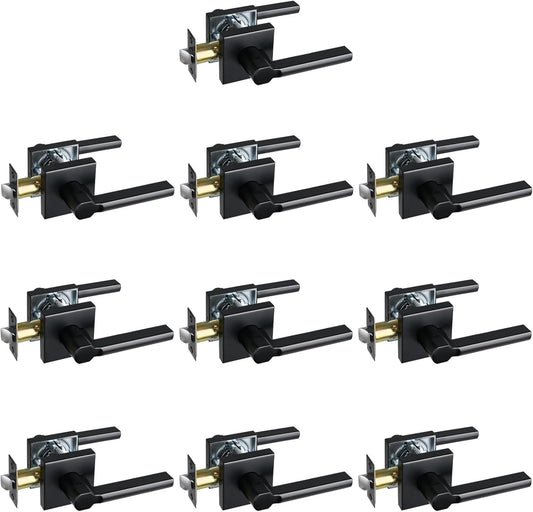 Passage Door Lever (No Lock), Heavy Duty Interior Square Handle for Hallway and Closet, Matte Black, Reversible for Right&Left Handed, 10Packs