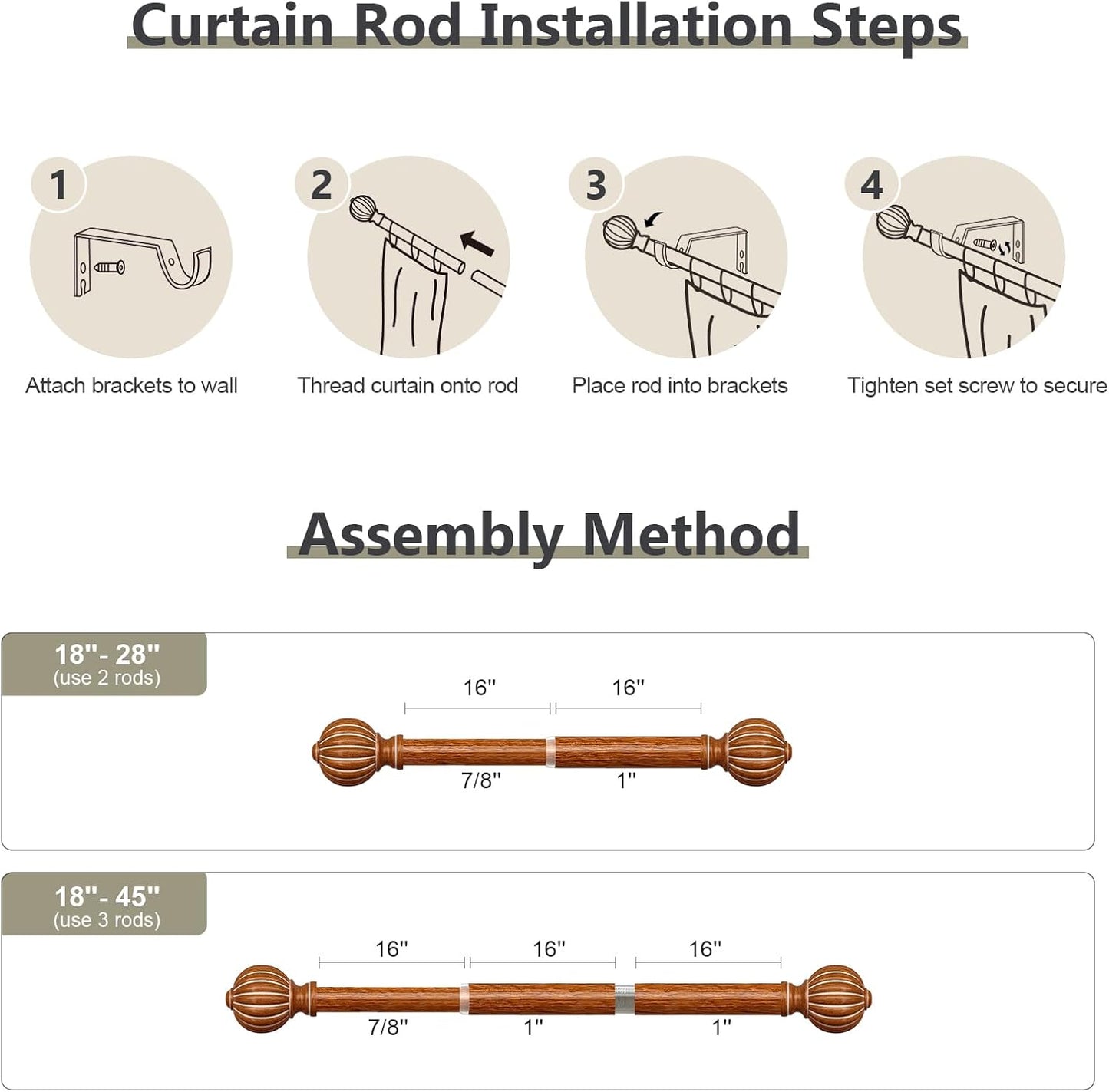 Reddish-Brown Wood Curtain Rods for Windows 28 to 48 Inch, 1'' Adjustable Heavy Duty Curtain Rod，Vintage Imitation Wood Decorative Drapery Rods with Pumpkin Finials for Bedroom Living Room