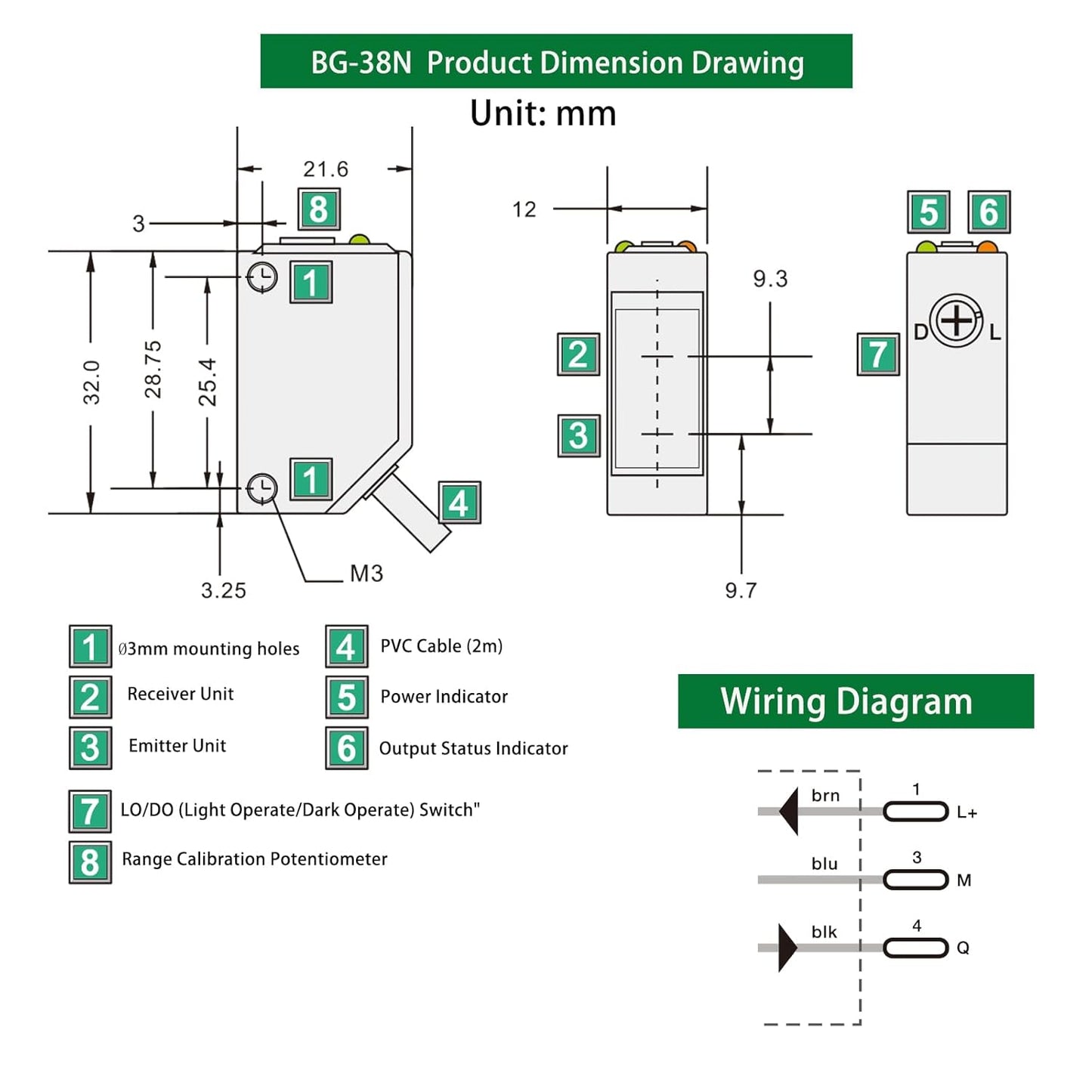 BG-38N Photoelectric Sensors,Background Suppression Diffuse Photoelectric Sensor,Sensing Distance 5-350mm,10–30VDC,NPN Output,Detection Distance Unaffected by Object Color