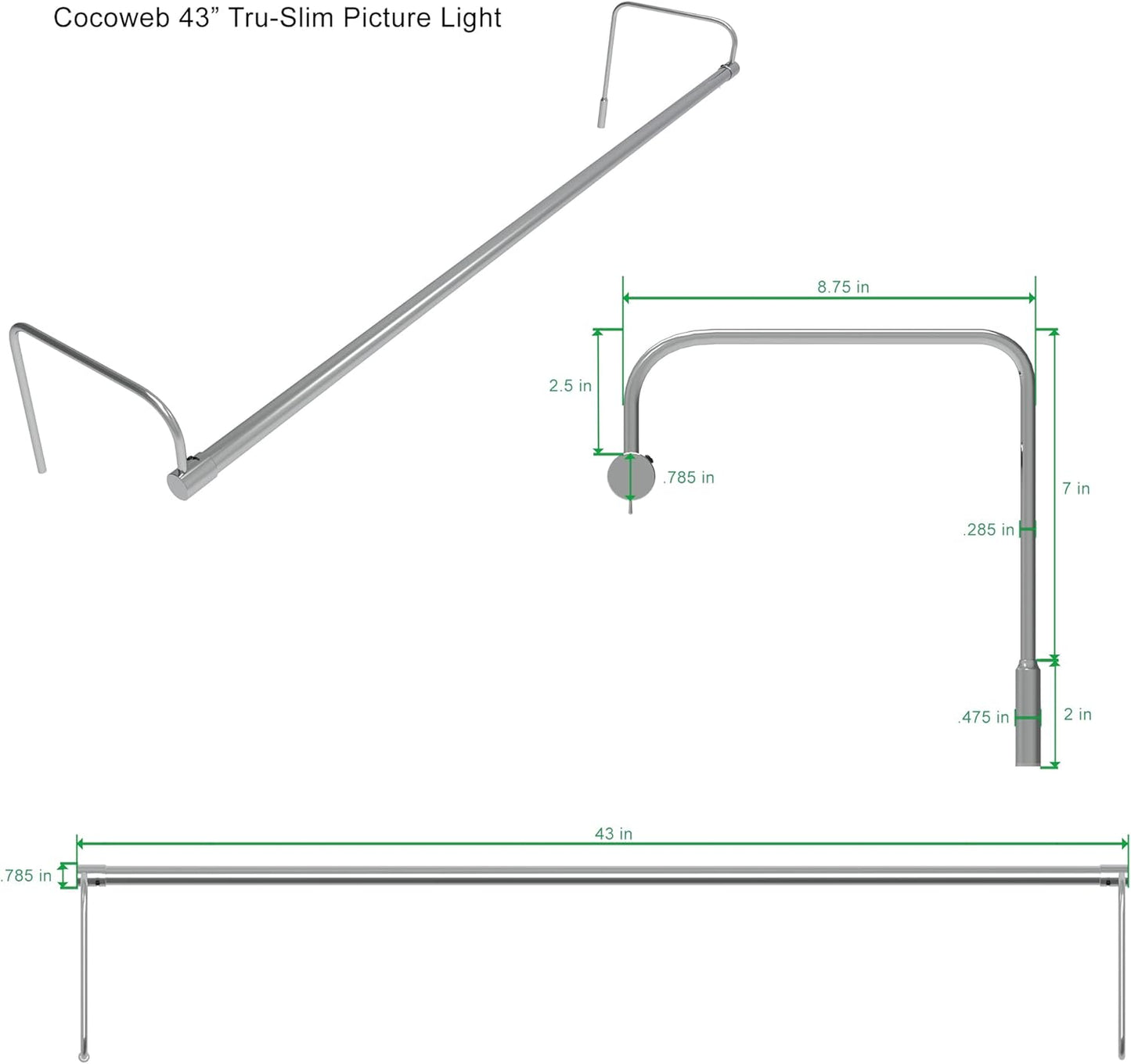 Cocoweb 43 Inch Tru-Slim Chrome Picture Light - LED, 2700K, Adjustable Arm, Plug-in, Toggle Switch, Sleek and Compact Design
