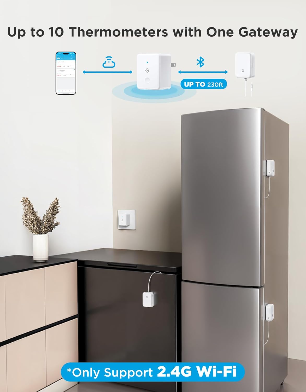GoveeLife WiFi Refrigerator Thermometer with Alarm, Wireless Digital Freezer Temperature Gauge with App Control, 2 Years Free Data Export, for Home Kitchen Fridge Hot Tub(Only Support 2.4G Wi-Fi)