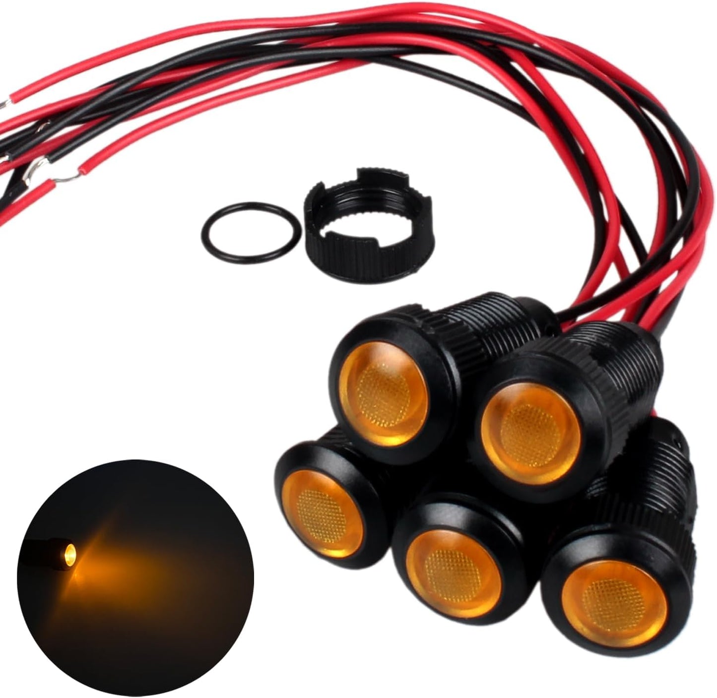 5pcs 12mm LED Indicator Light Plastic Black Signal Dot Lamp 110-220VAC 1/2 inches Mounting Hole Size with 15cm/5.9in. Wire (Yellow LED)