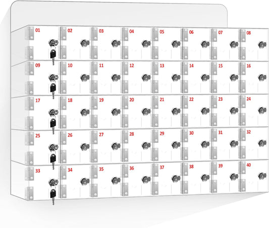 40 Slots Clear Acrylic Cell Phone Locker Box Wall-Mounted with Keys, Lockable Secure Storage Cabinet for Classroom Office Gym, Multi-Use Phone Lock Organizer for Employees Students (Large)