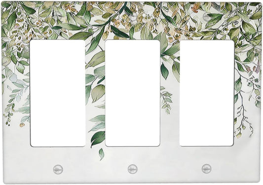 Light Switch Covers Sage Green Eucalyptus Watercolor Plant Leaves 3 Gang Rocker Electrical GFCI Decorative Triple Outlet Wall Plate Cover Switchplate for Bedroom Bathroom Decor